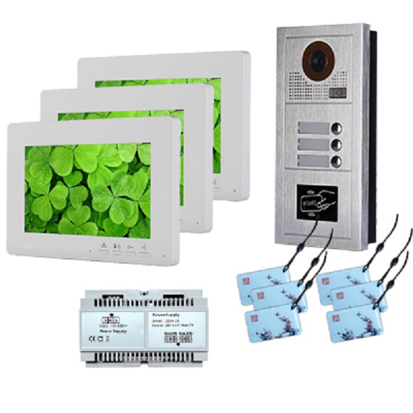 KOMPLET 2-WIRE VANJSKA FISHEYE RFID JEDINICA 3 TIPKE + 3x UNUTARNJA JEDINICA 7" + 6x TAG